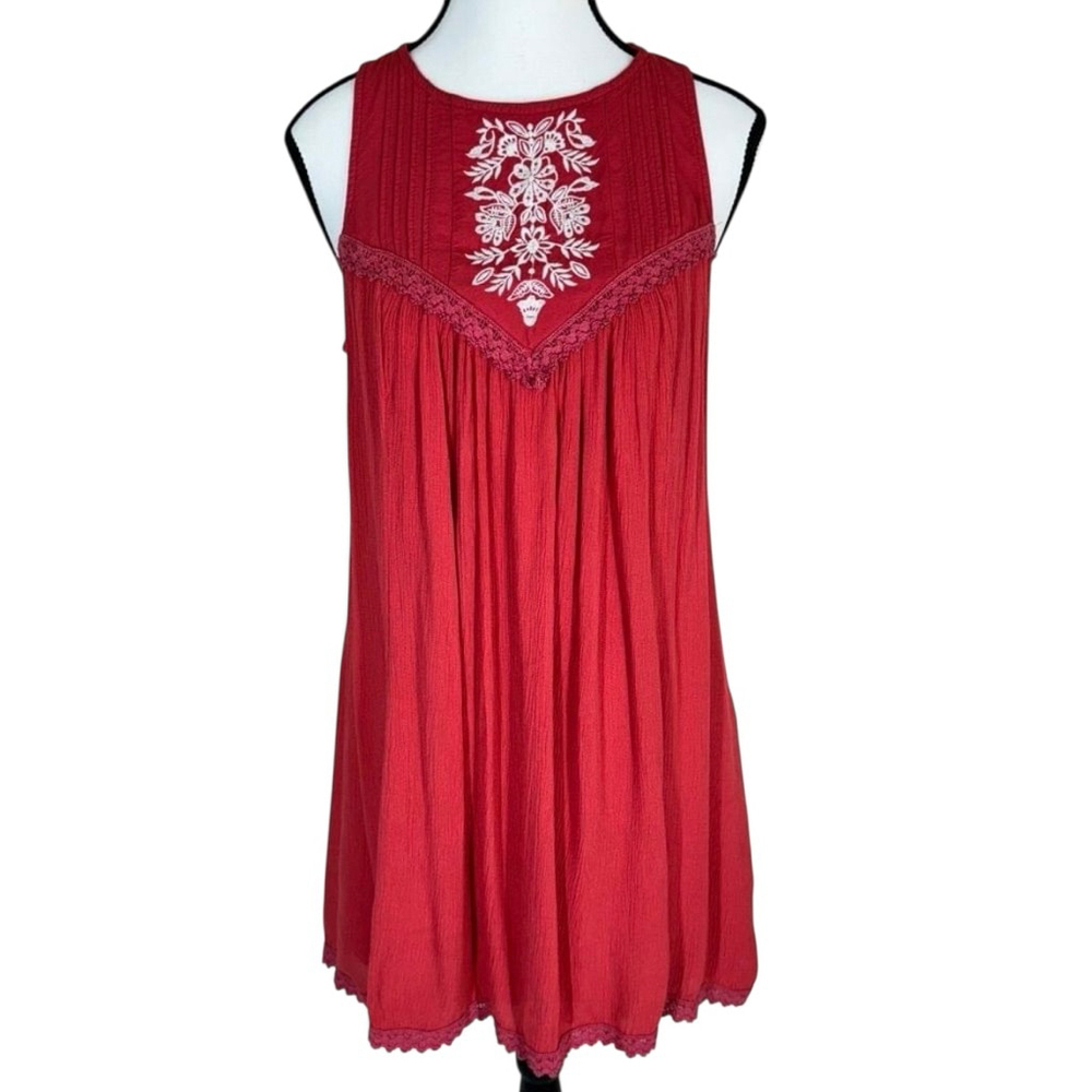 Hollister Red Lace Trim Mini Dress Large Sleeveless Boho - Picture 2 of 11